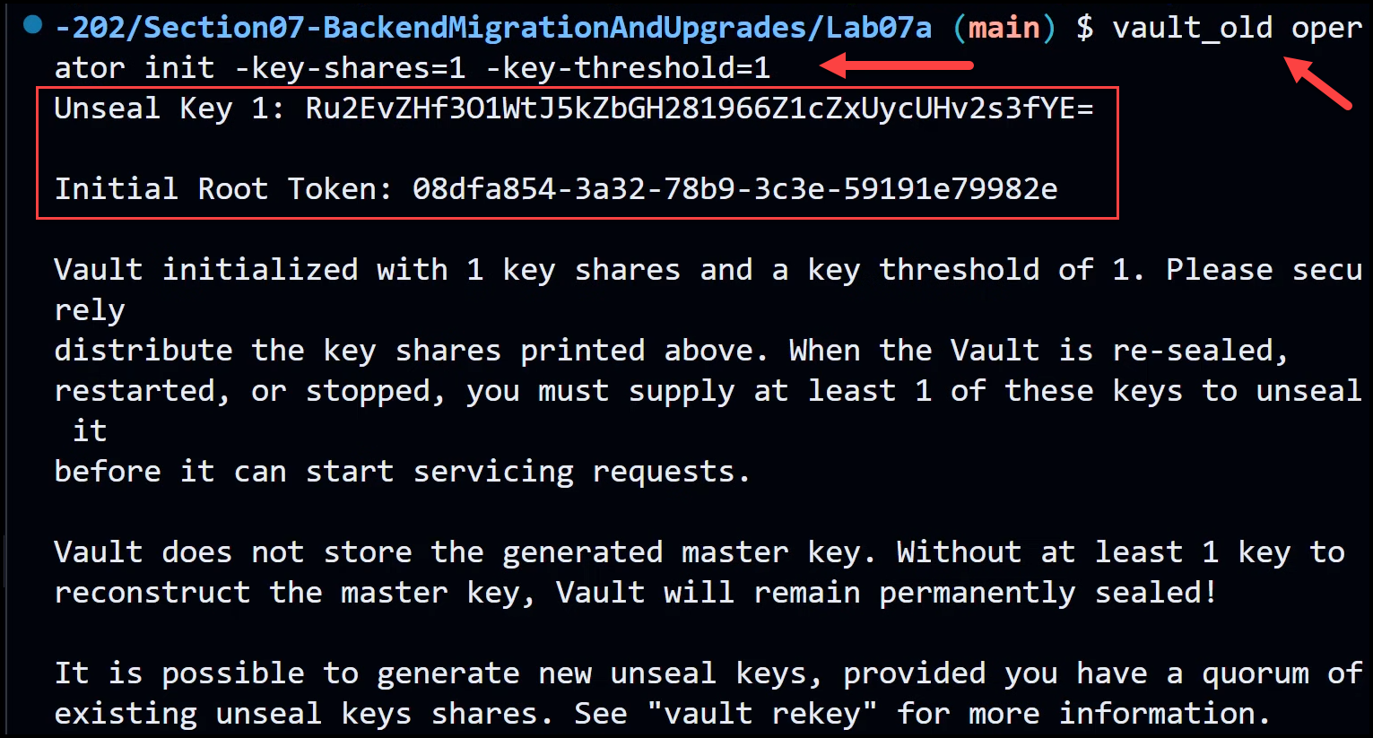 Output of the Vault operator init command