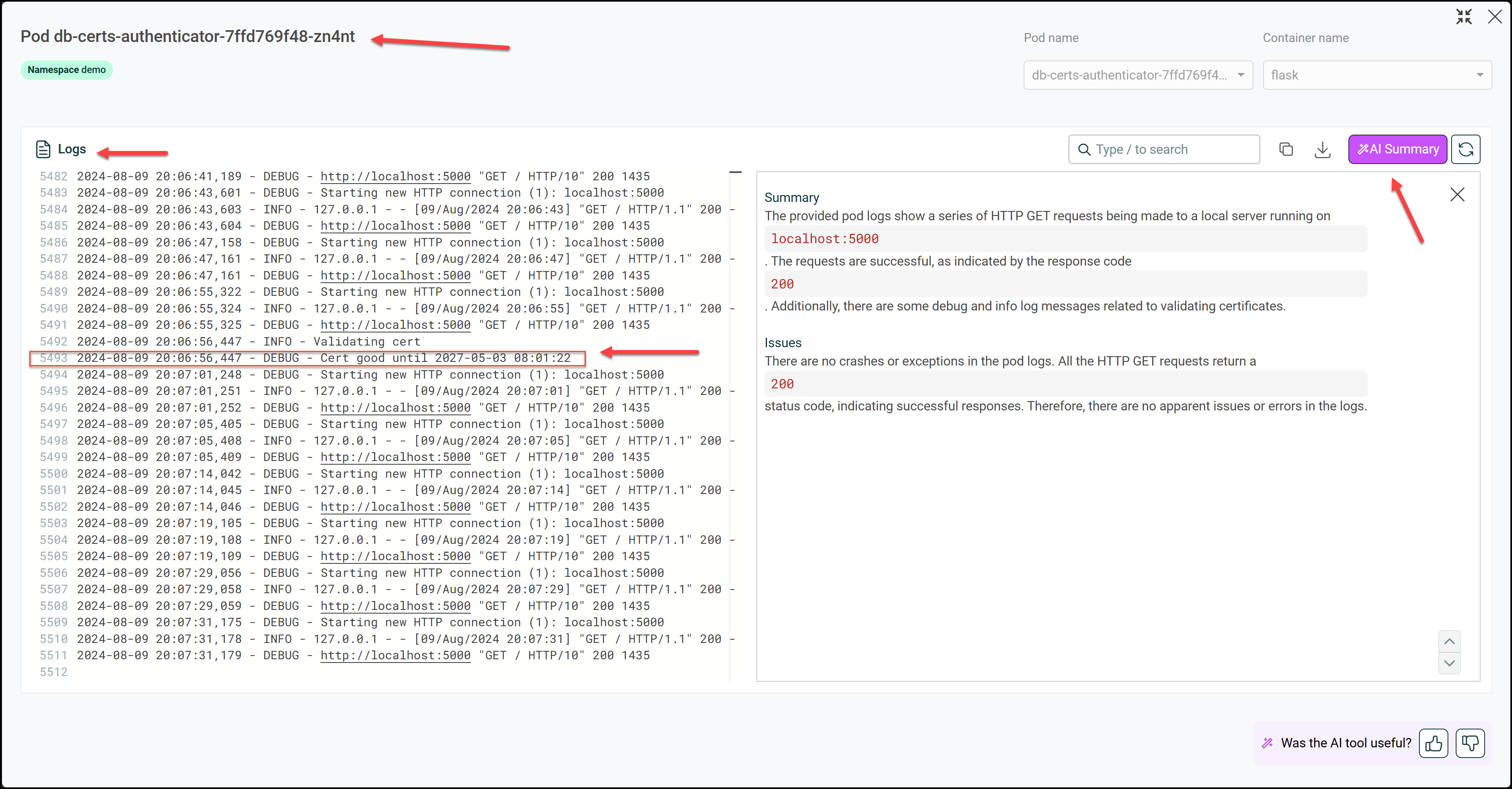 Viewing a Summary of Logs