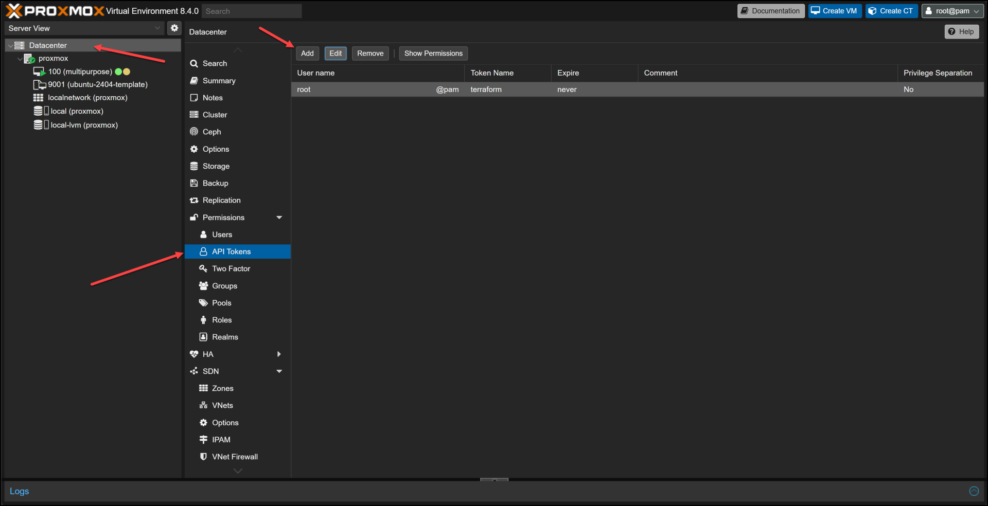 Creating an API Token in Proxmox UI