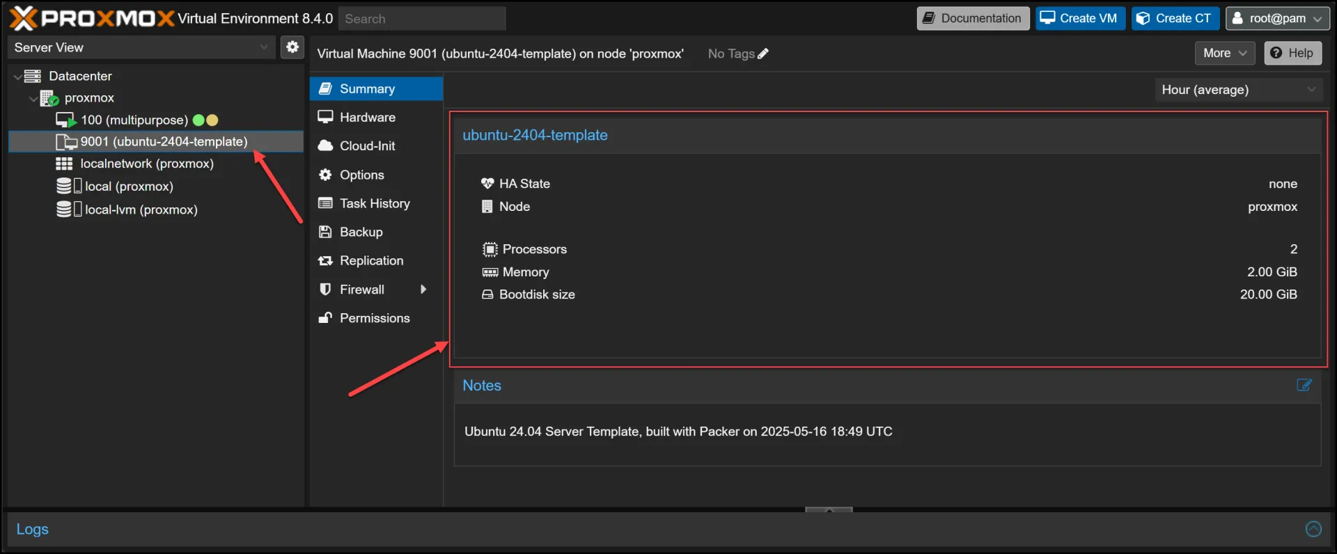 Proxmox Dashboard with Generated Ubuntu 24.04 Template