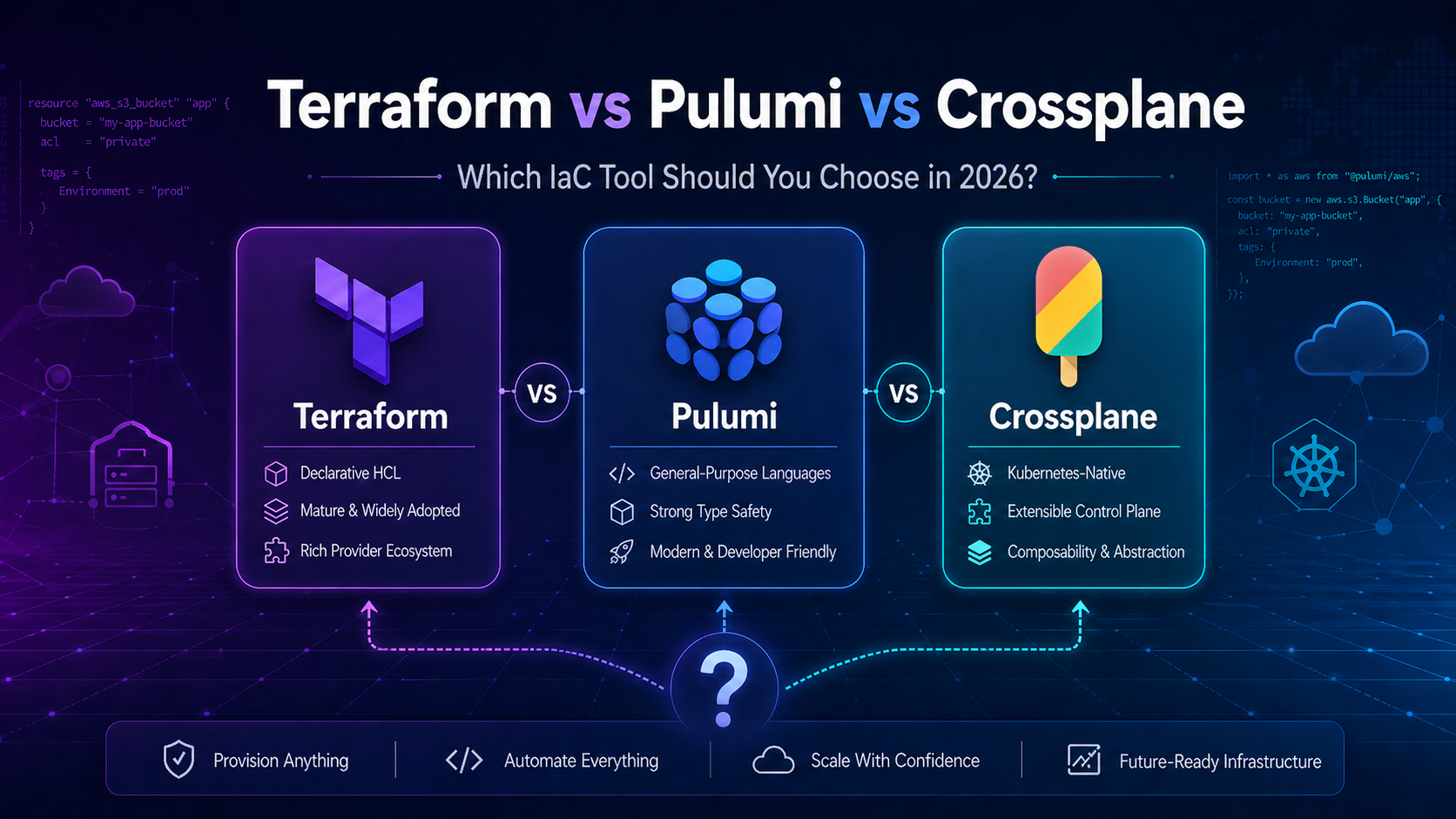 Terraform vs Pulumi vs Crossplane comparison illustration