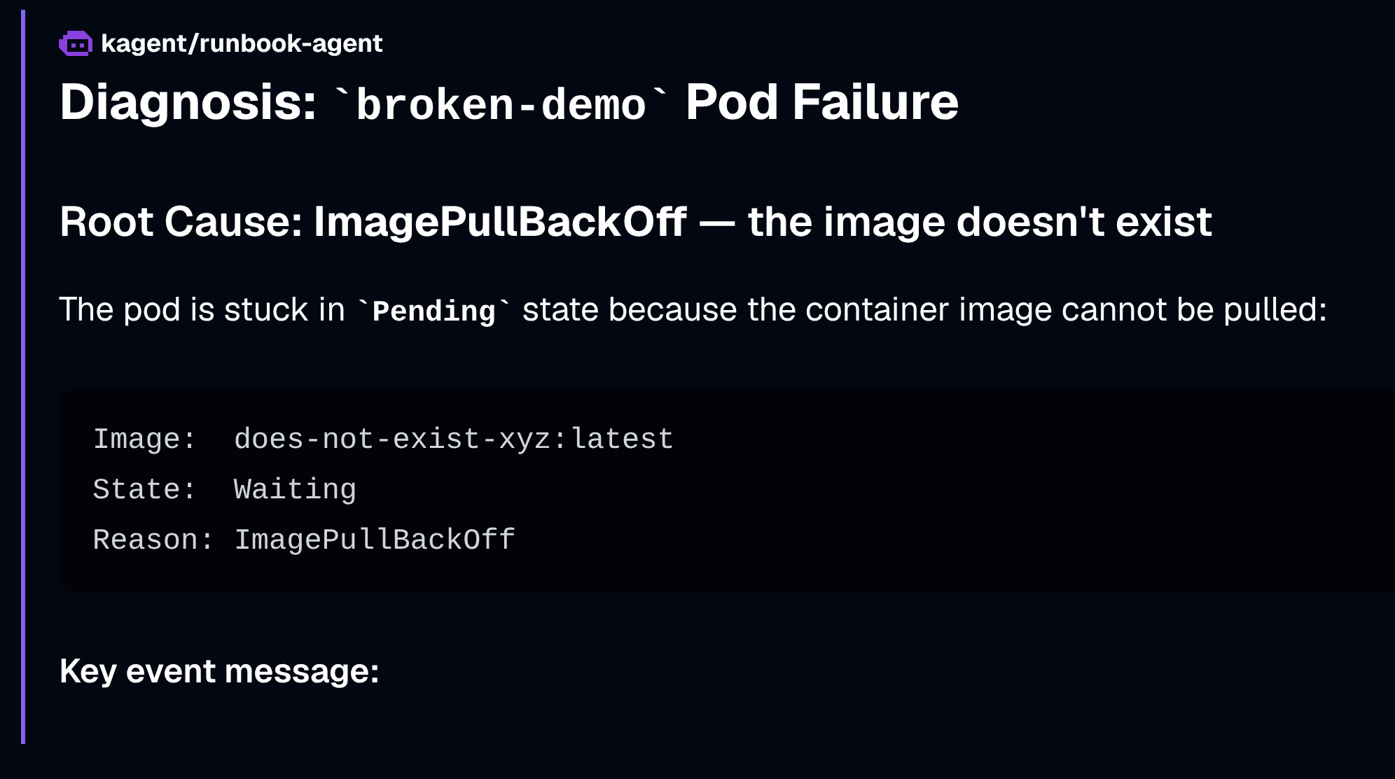 kagent runbook-agent diagnosis of a broken-demo pod, showing root cause ImagePullBackOff, the image name, pod state, and reason