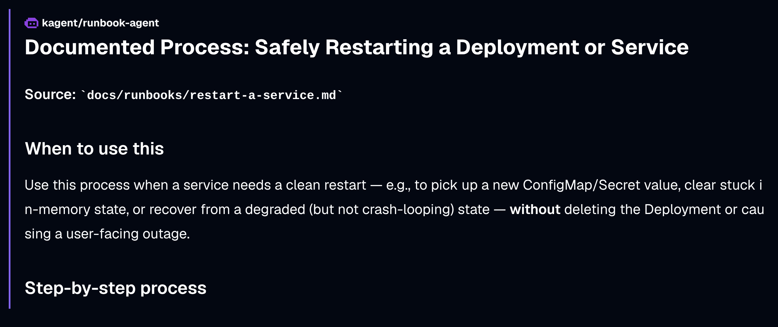 kagent runbook-agent's answer citing the restart-a-service runbook, with source, when to use it, and step-by-step process
