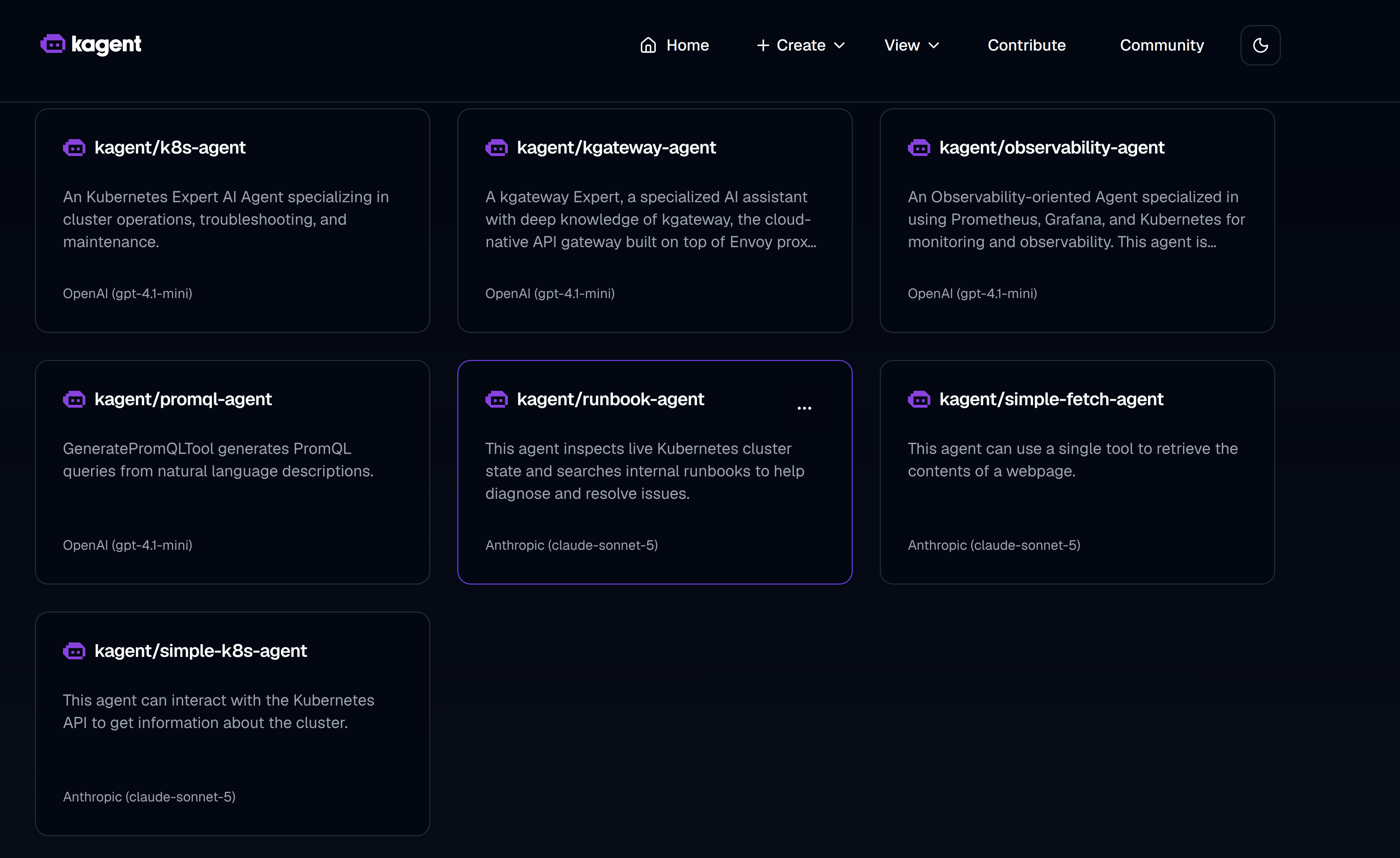 kagent dashboard showing the runbook-agent alongside kagent's other built-in agents
