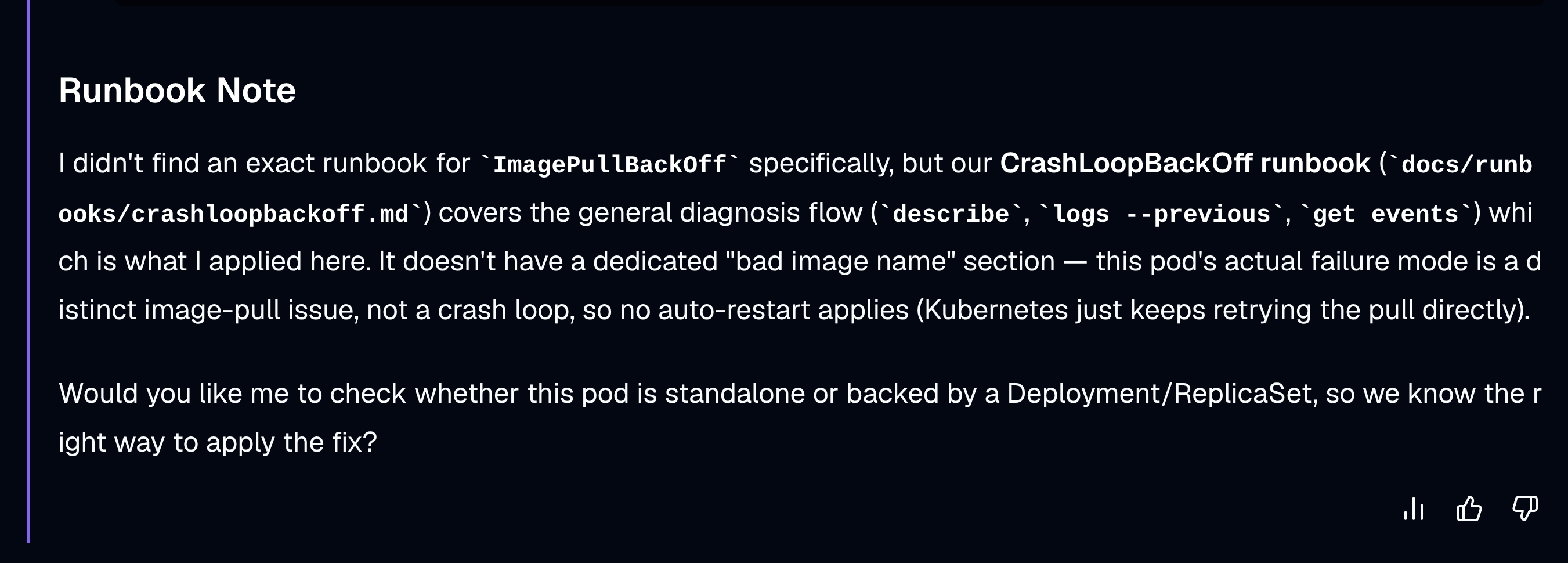 kagent runbook-agent's honest runbook note, explaining no exact ImagePullBackOff runbook exists but the CrashLoopBackOff runbook covers the general diagnosis flow