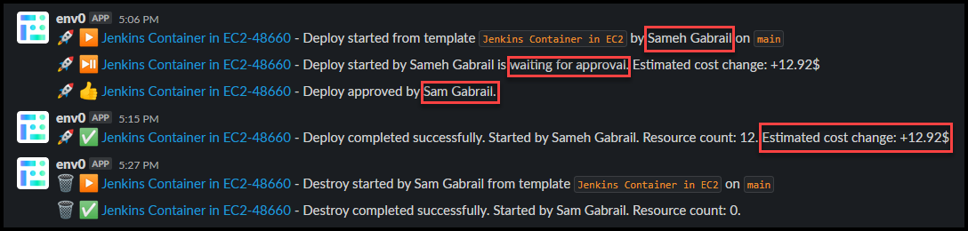 Slack Notifications Showing RBAC and Approvals