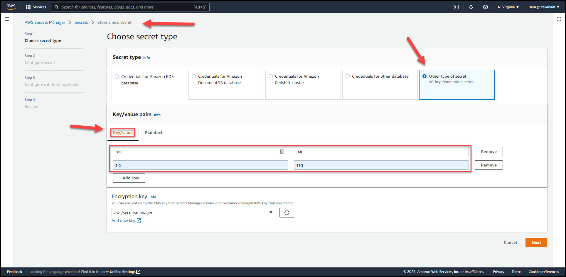 Creating an AWS Key/value secret in Secrets Manager