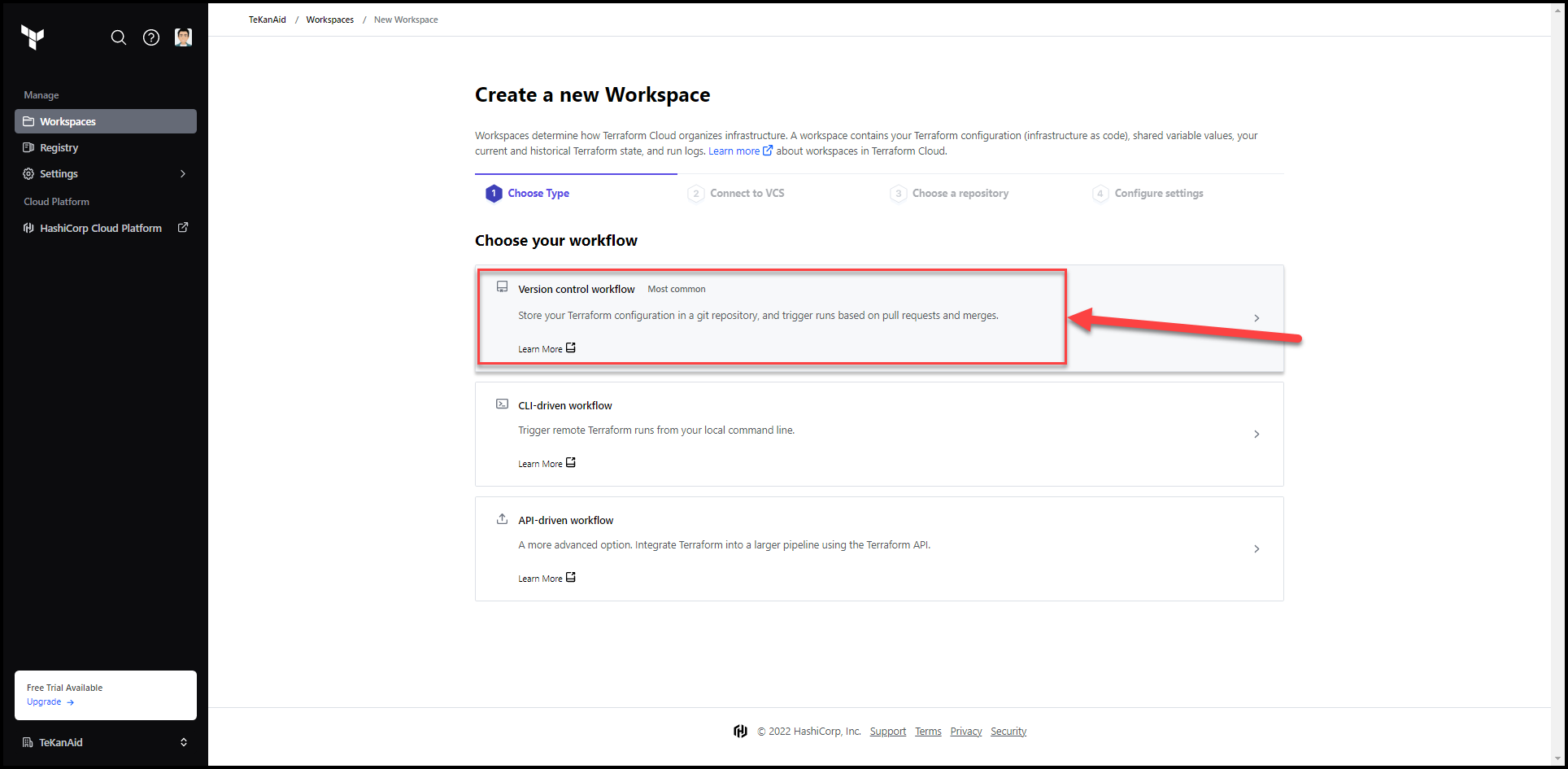 Choose the version control workflow