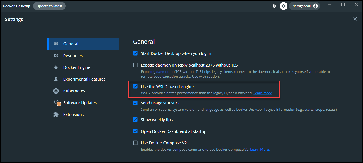 Docker with WSL General Tab